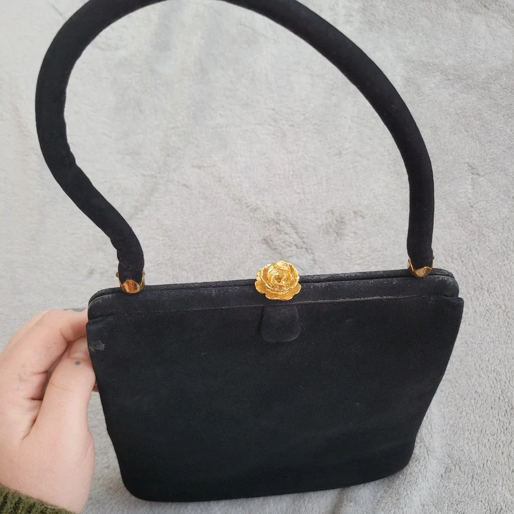 Vintage 60s Coblentz perma‎ suede black satchel handbag purse gold rose detail